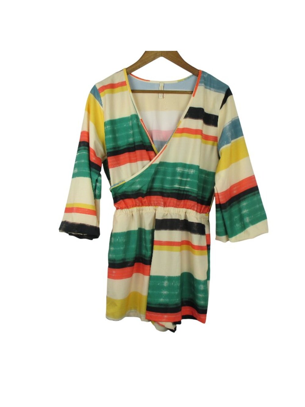 Smeralda Womens Striped Wrap Romper Multicolor Elastic Waist Small Spring Casual